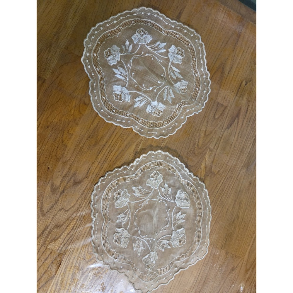Madeira Linen/Organdy Ecru Net Hand-stitched Floral Scalloped Edge - Set of 2
